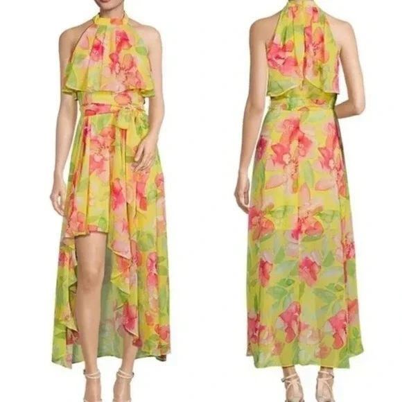 $148 Eliza J Yellow Floral Halter Neck High Low Flowy Spring Dress Sz 12 NWT - Picture 2 of 10